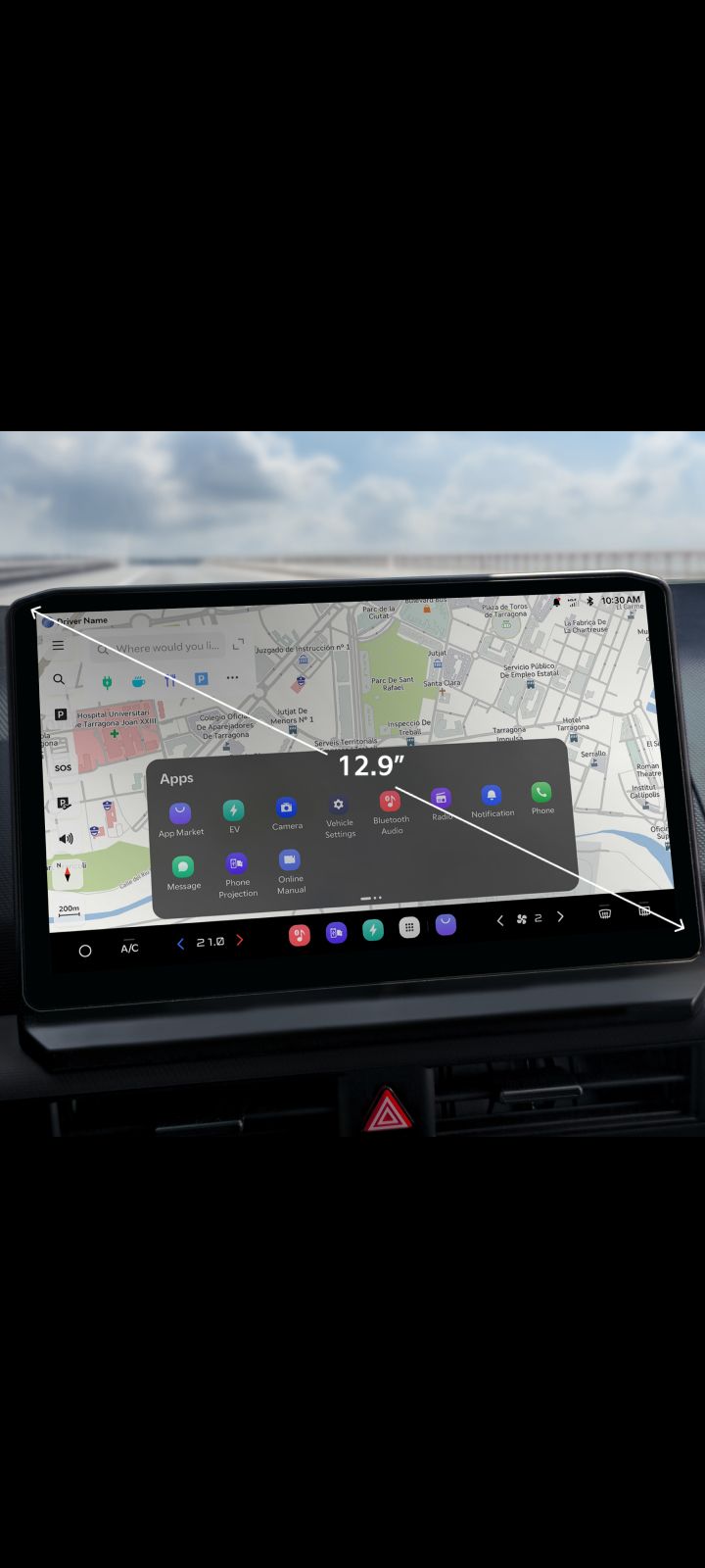 Close-up of the Kia PV5 Cargo infotainment display showing navigation interface