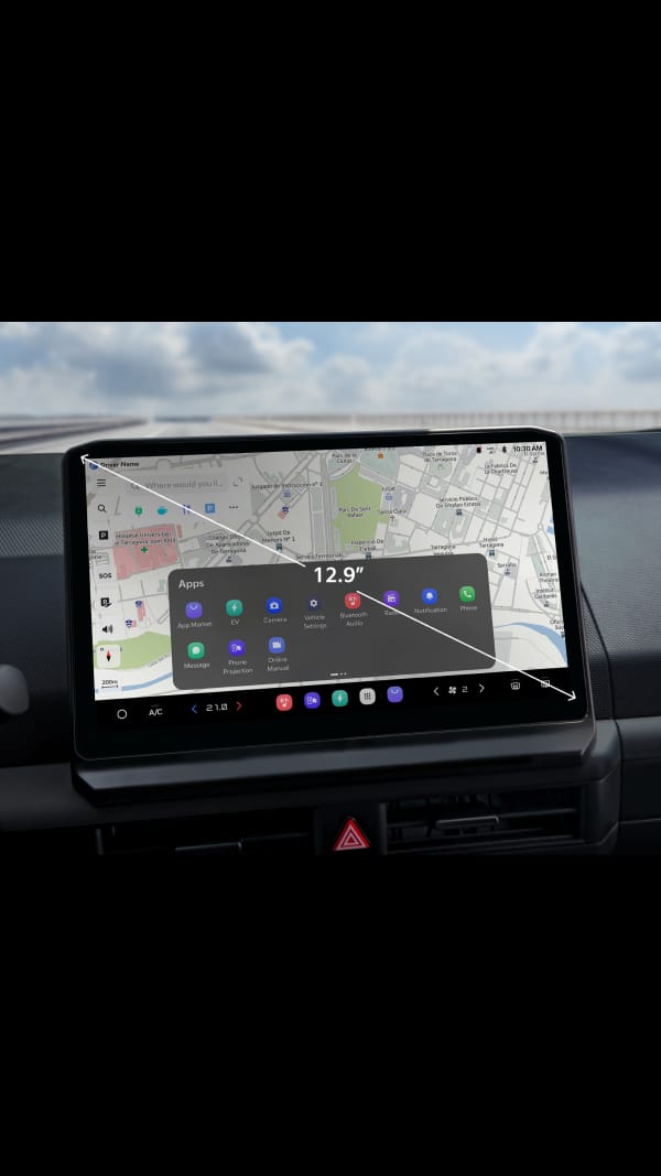 Close-up of the Kia PV5 Passenger infotainment display showing navigation interface
