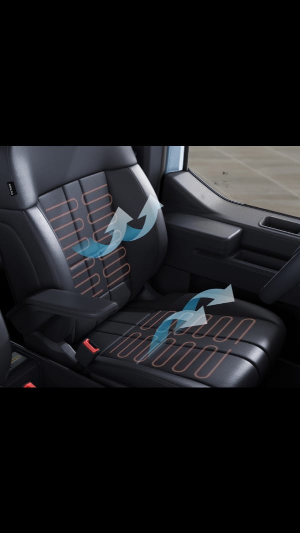 Close-up of the Kia PV5 Passenger seat with ventilated and heated function highlighted
