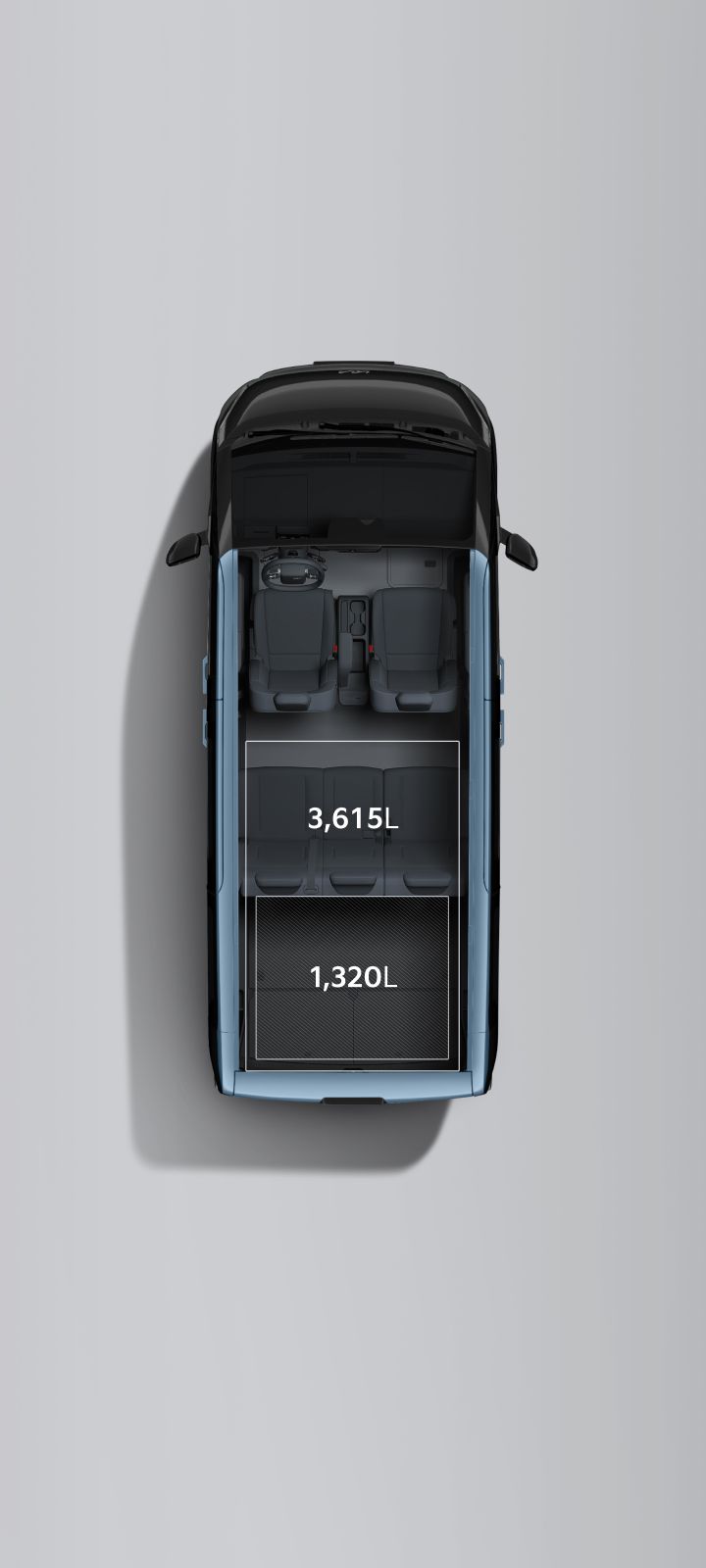 Top view of the Kia PV5 Passenger 5-seater configuration, showing 1,320 L of cargo space with the second-row seats in use and up to 3,615 L with the seats folded.