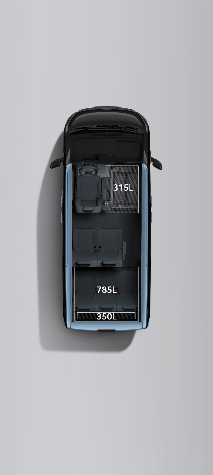 Top view of the Kia PV5 Passenger 6-seater configuration, showing 350 L of rear luggage space, 785 L with the third-row seats folded, and an additional 315 L of cargo space beside the front passenger seat.