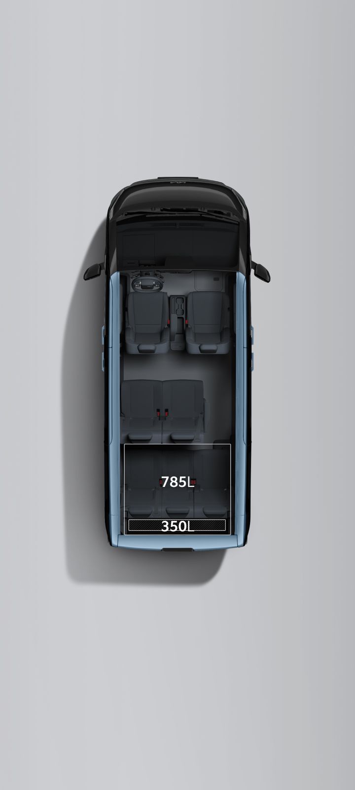 Top view of the Kia PV5 Passenger 7-seater configuration, showing 350 L of rear luggage space and up to 785 L of cargo capacity with the third-row seats folded.