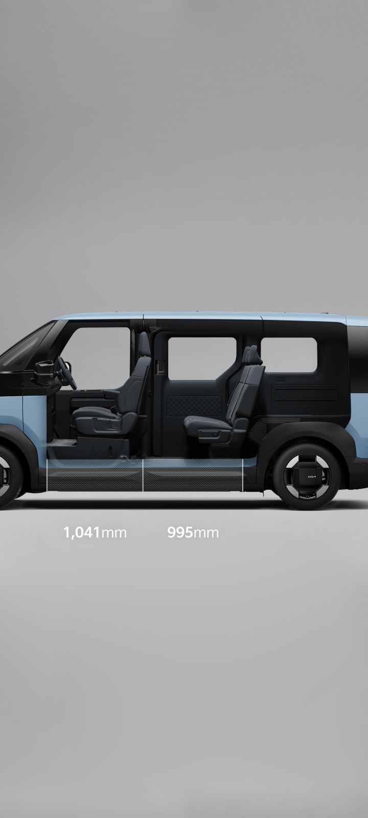 Side cutaway view of the Kia PV5 Passenger 5-seater interior, highlighting spacious legroom with 1,041 mm in the front row and 995 mm in the second row.