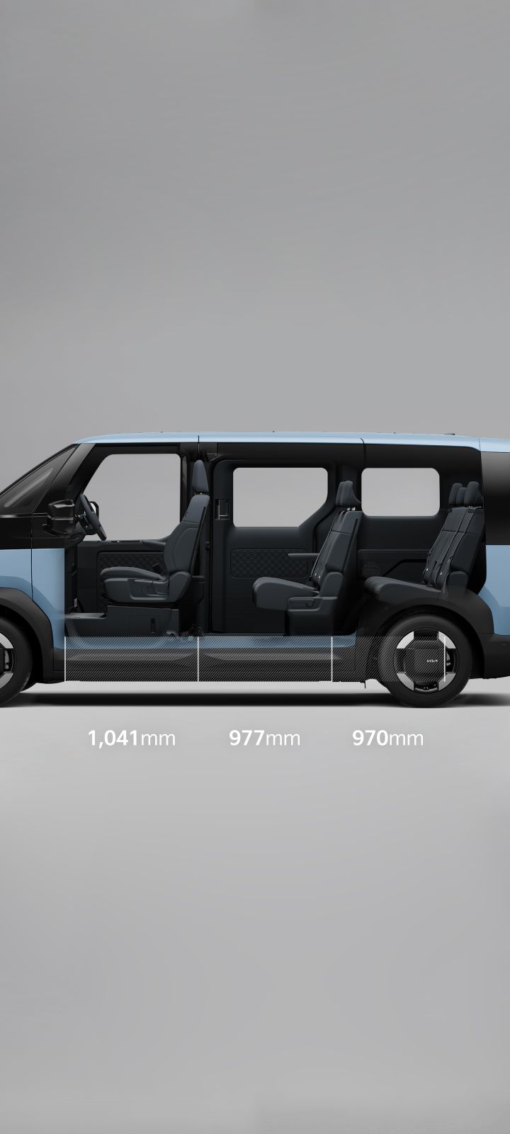 Side cutaway view of the Kia PV5 Passenger 6- and 7-seater interior, showing three-row legroom of 1,041 mm in the front, 977 mm in the second row, and 970 mm in the third row.