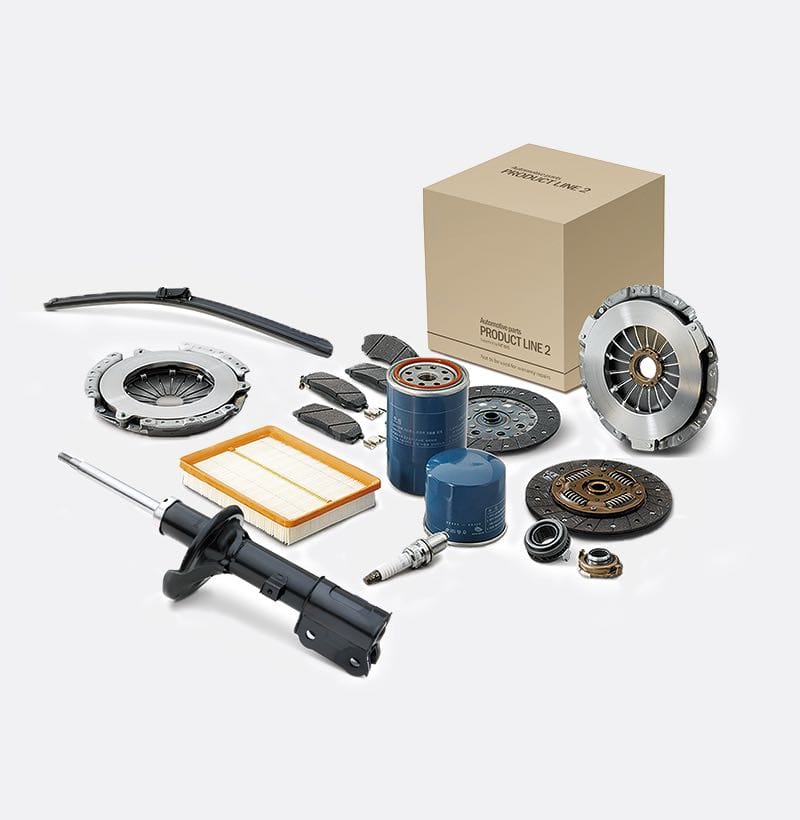 Arrangement that shows the wide range of Kia Smart Parts - from oil filter to brake pads and discs, cabin air filter, wiper blades and more.