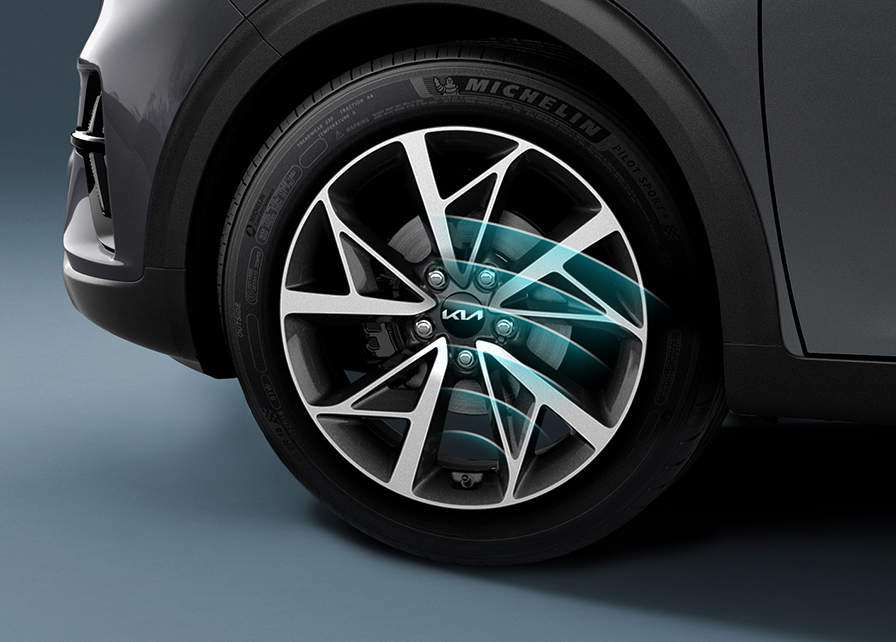 Image of the car tyres and wheel of a Kia hybrid electric vehicle?