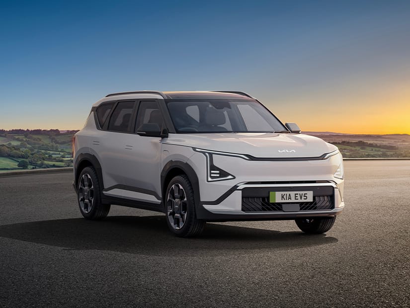 Pistachio Green EV3 parked on an open road with a scenic countryside backdrop at sunset