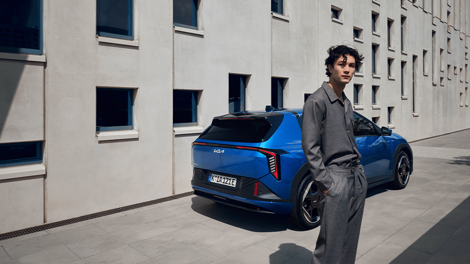 The Kia EV4 in Blue Flame