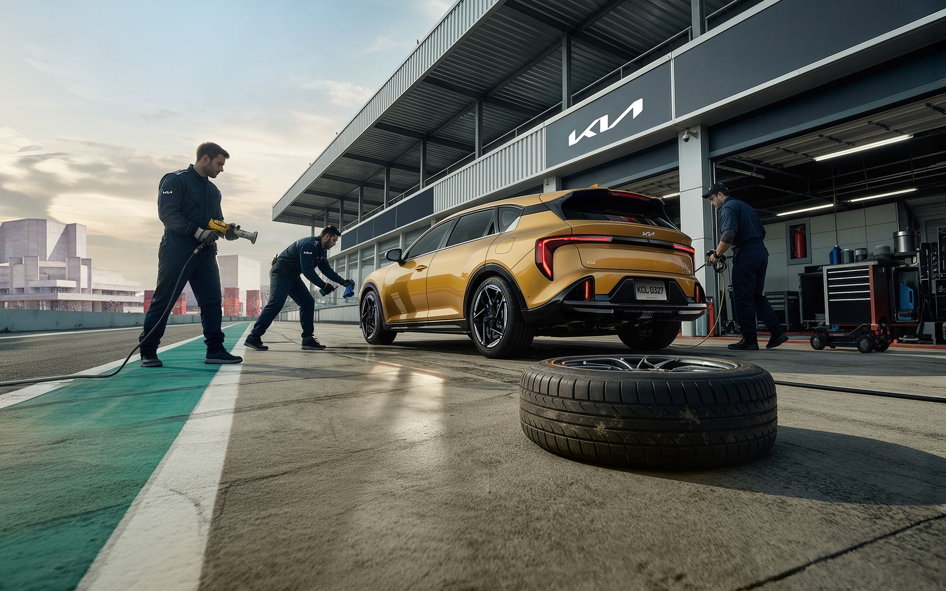 Gold Kia SUV in a pit lane with mechanics working around it and a tire in the foreground.