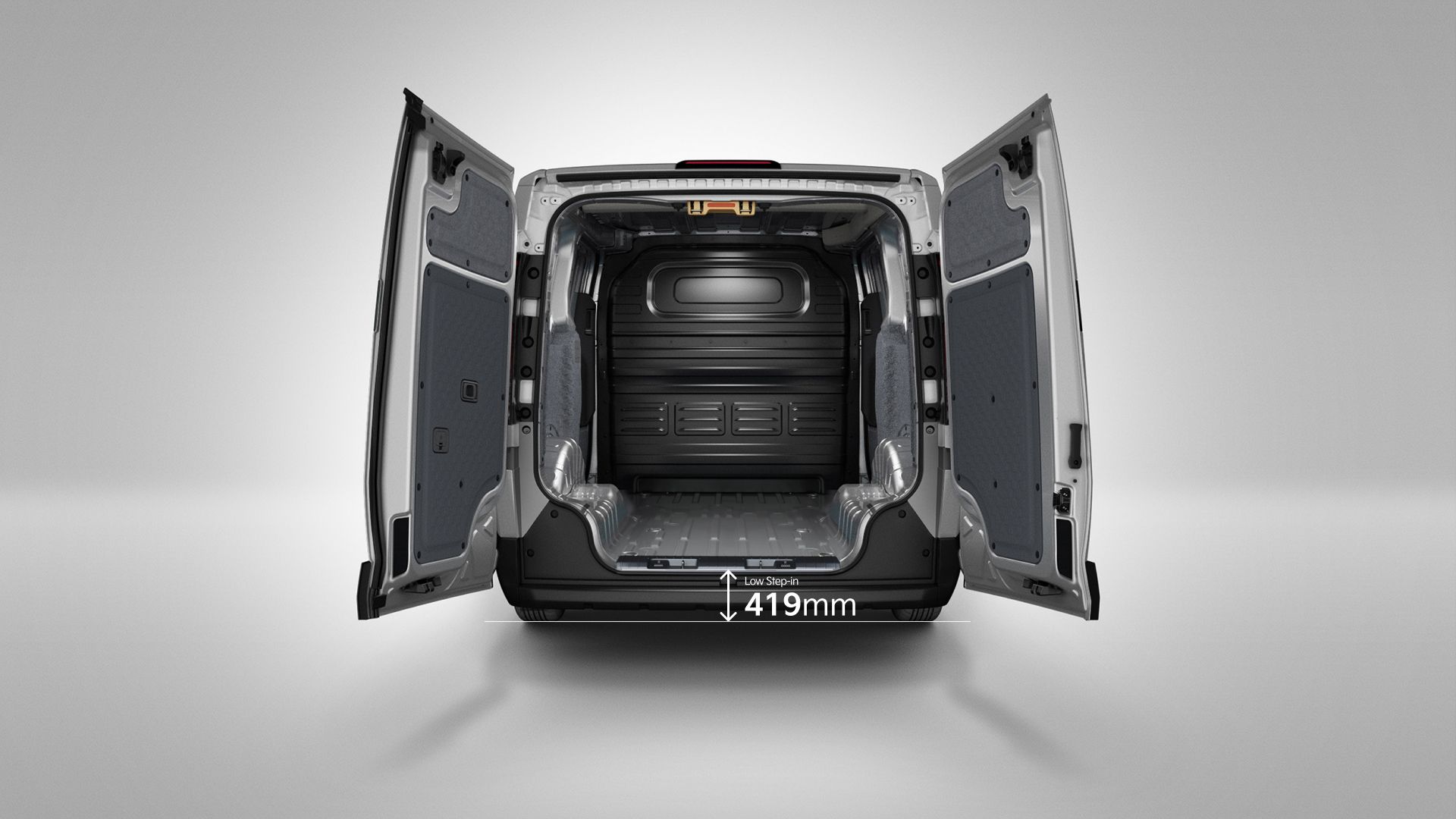 Rear view of the Kia PV5 Cargo with opened cargo doors