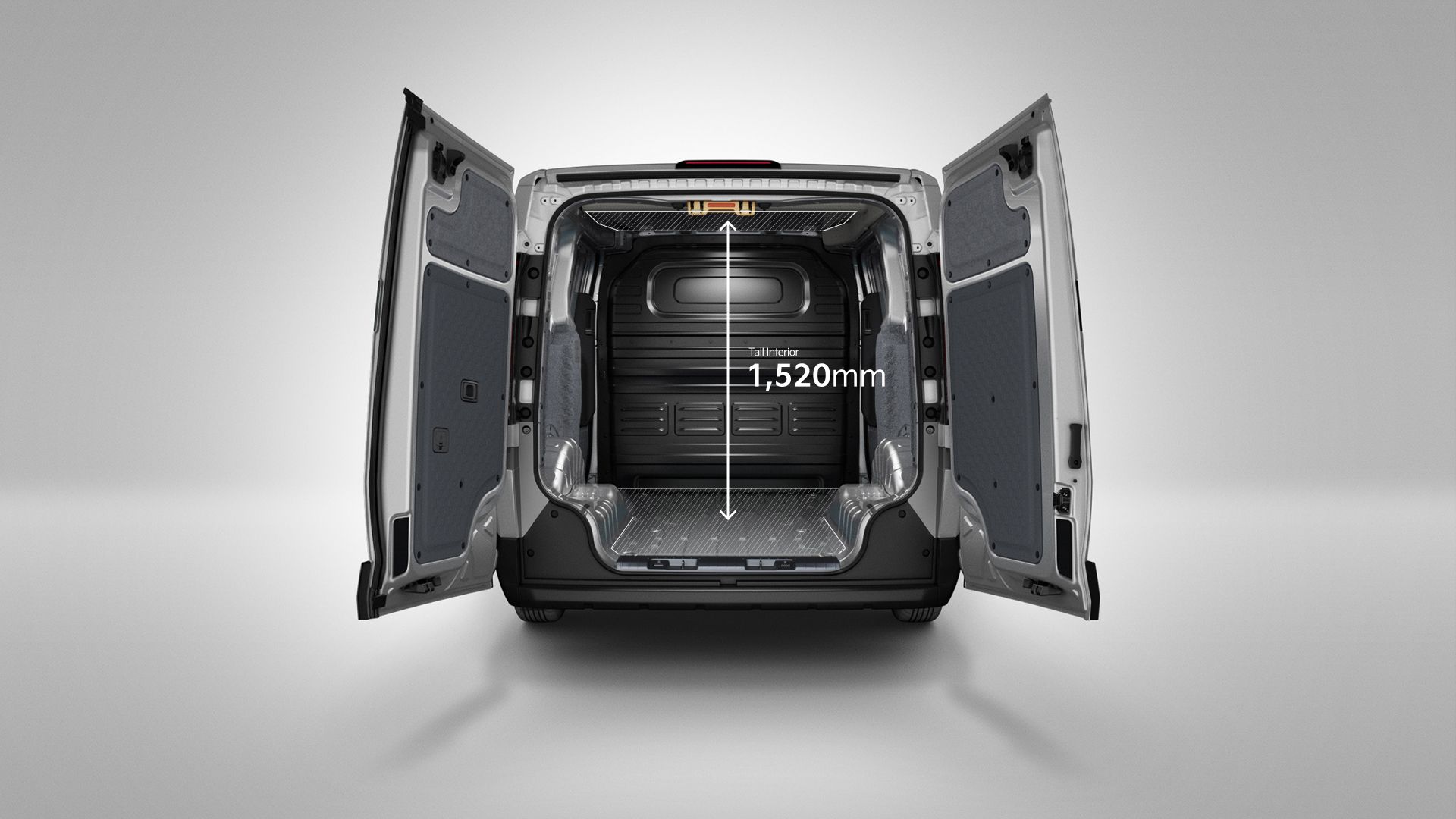 Rear view of the Kia PV5 Cargo with opened cargo doors