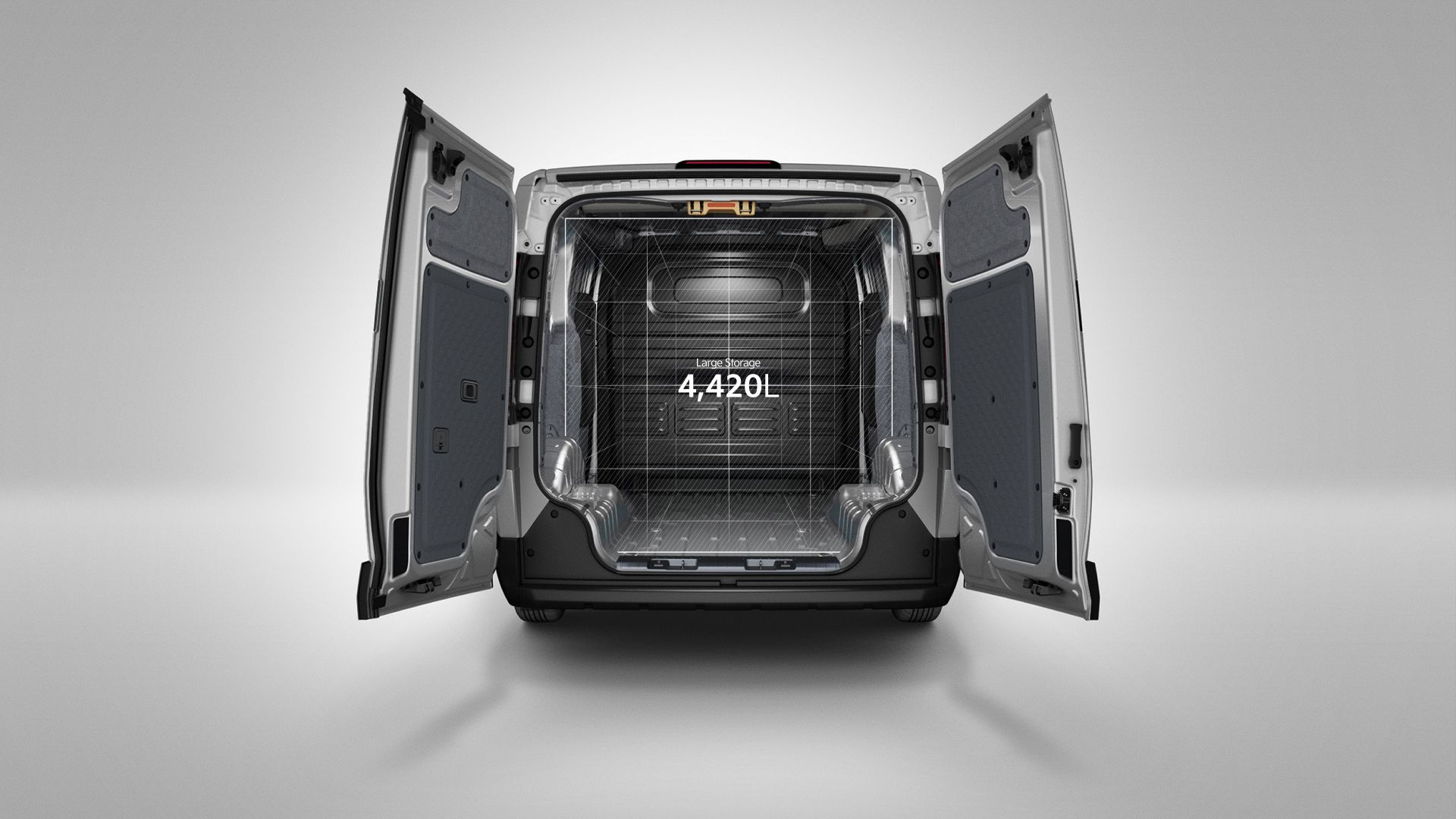 Rear view of the Kia PV5 Cargo with opened cargo doors