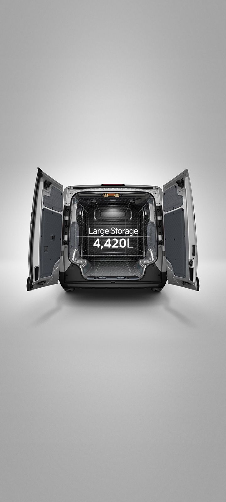 Rear view of the Kia PV5 Cargo with opened cargo doors