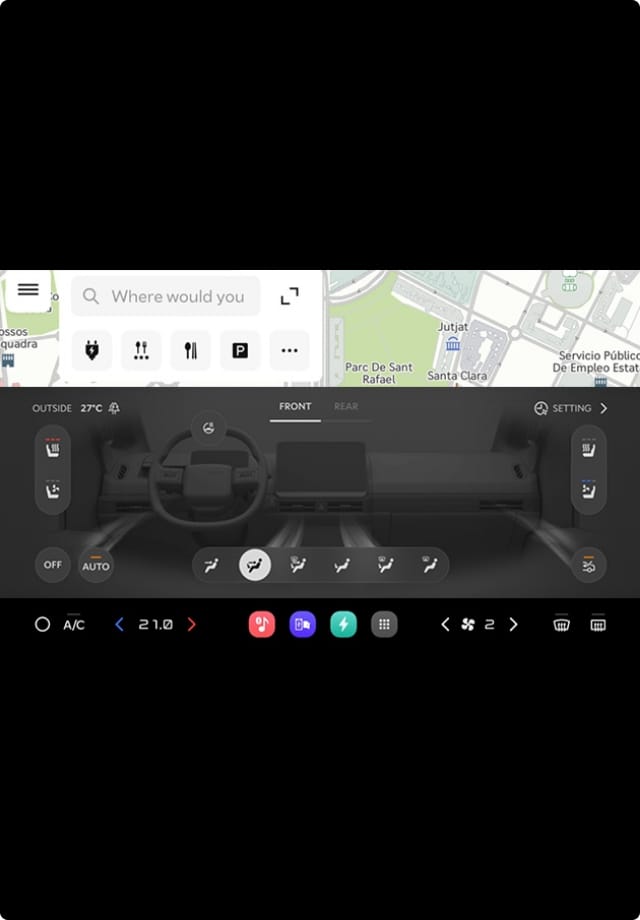 Car infotainment screen with climate control, airflow direction, and temperature settings