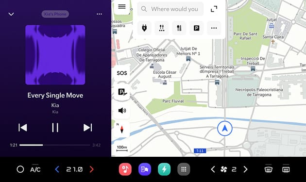 Split-screen view showing music playback on the left and navigation map on the right