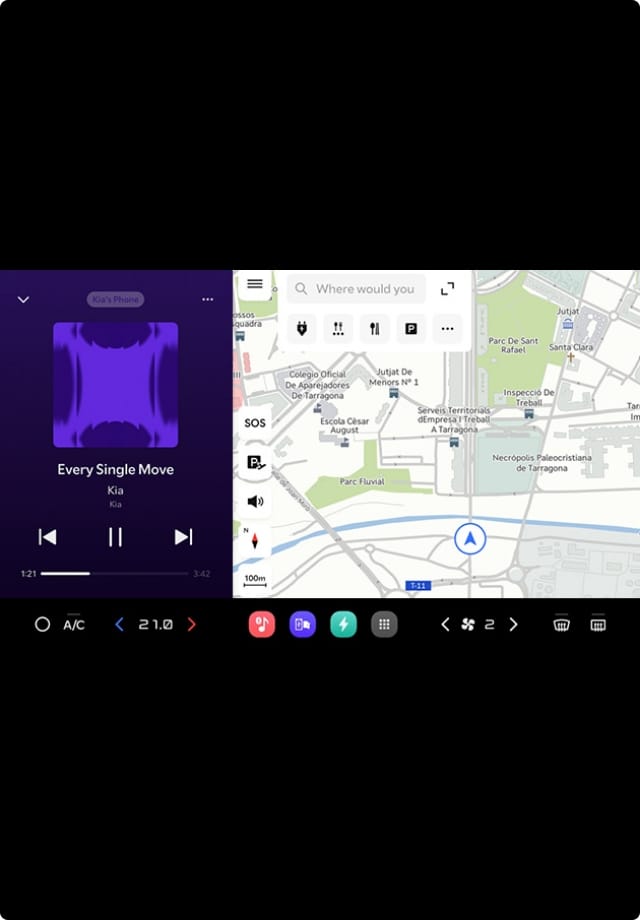 Split-screen view showing music playback on the left and navigation map on the right