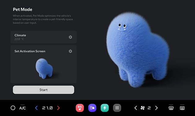 Pet Mode screen with a blue furry character illustration and climate control options