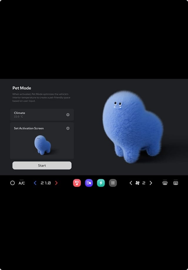 Pet Mode screen with a blue furry character illustration and climate control options