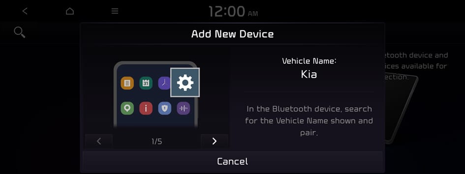 Add New Device pop-up on infotainment system screen