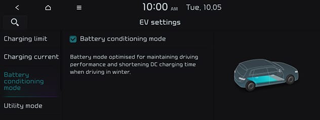 Infotainment display showing Battery Conditioning Mode menu 