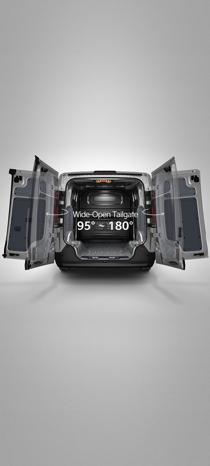 Rear view of the Kia PV5 Cargo, showing door swing angle with opened cargo doors 