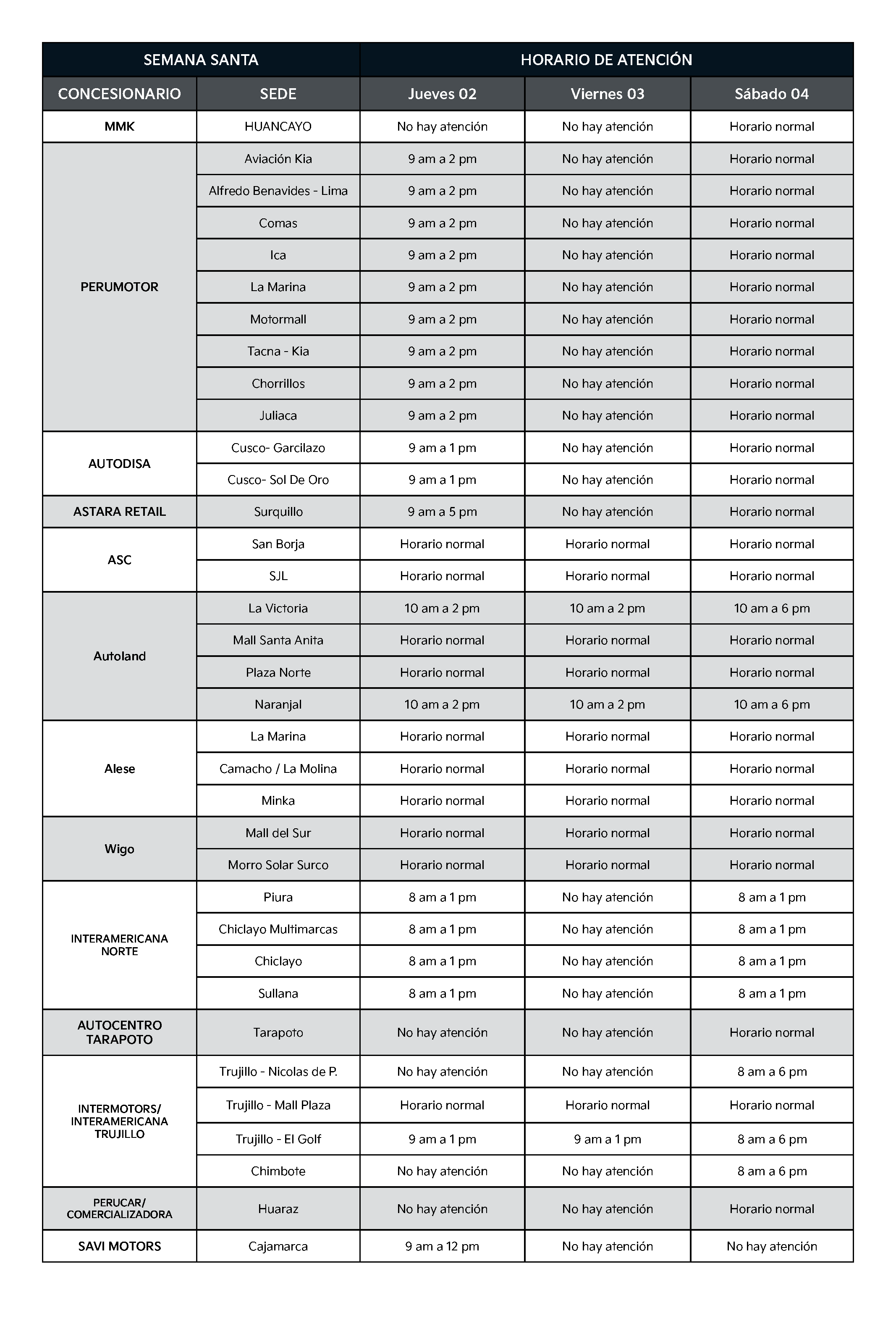 Horario feriado