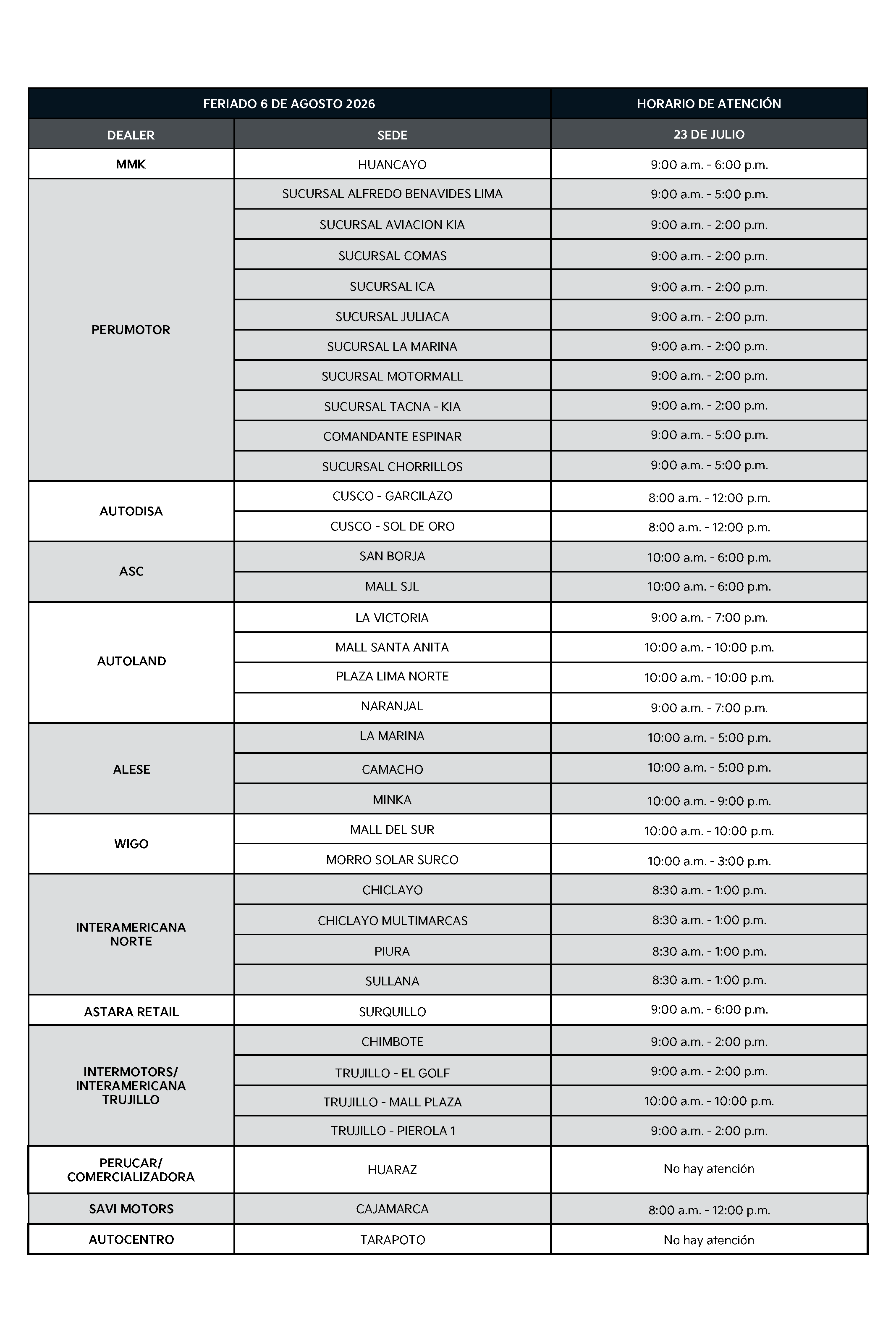 Horario feriado