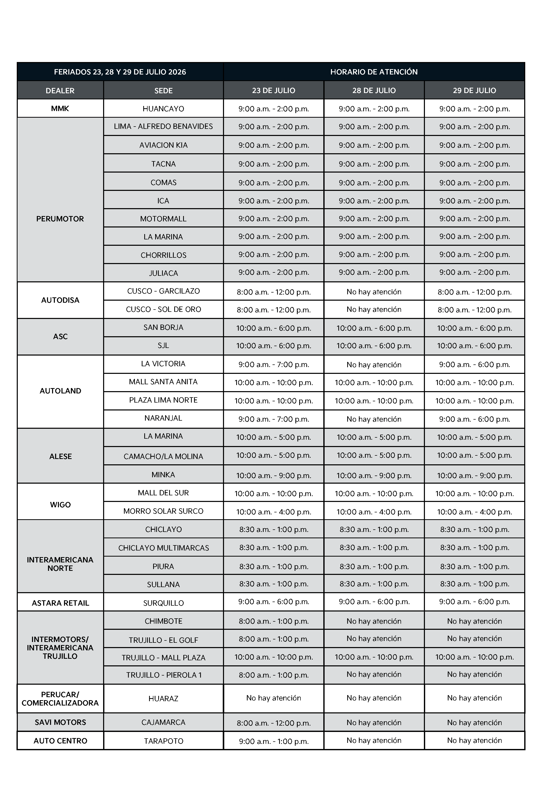 Horario feriado