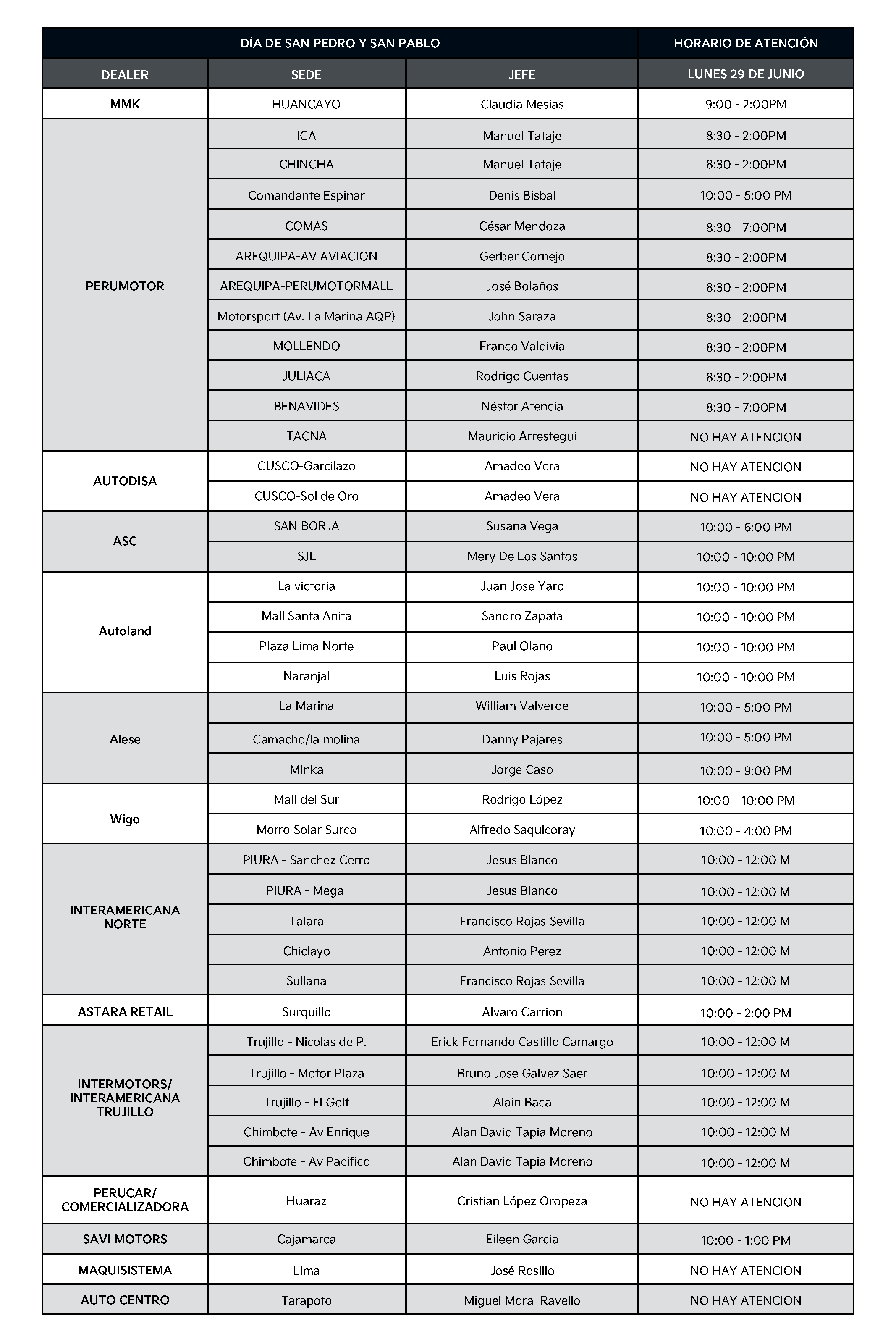 Horario feriado