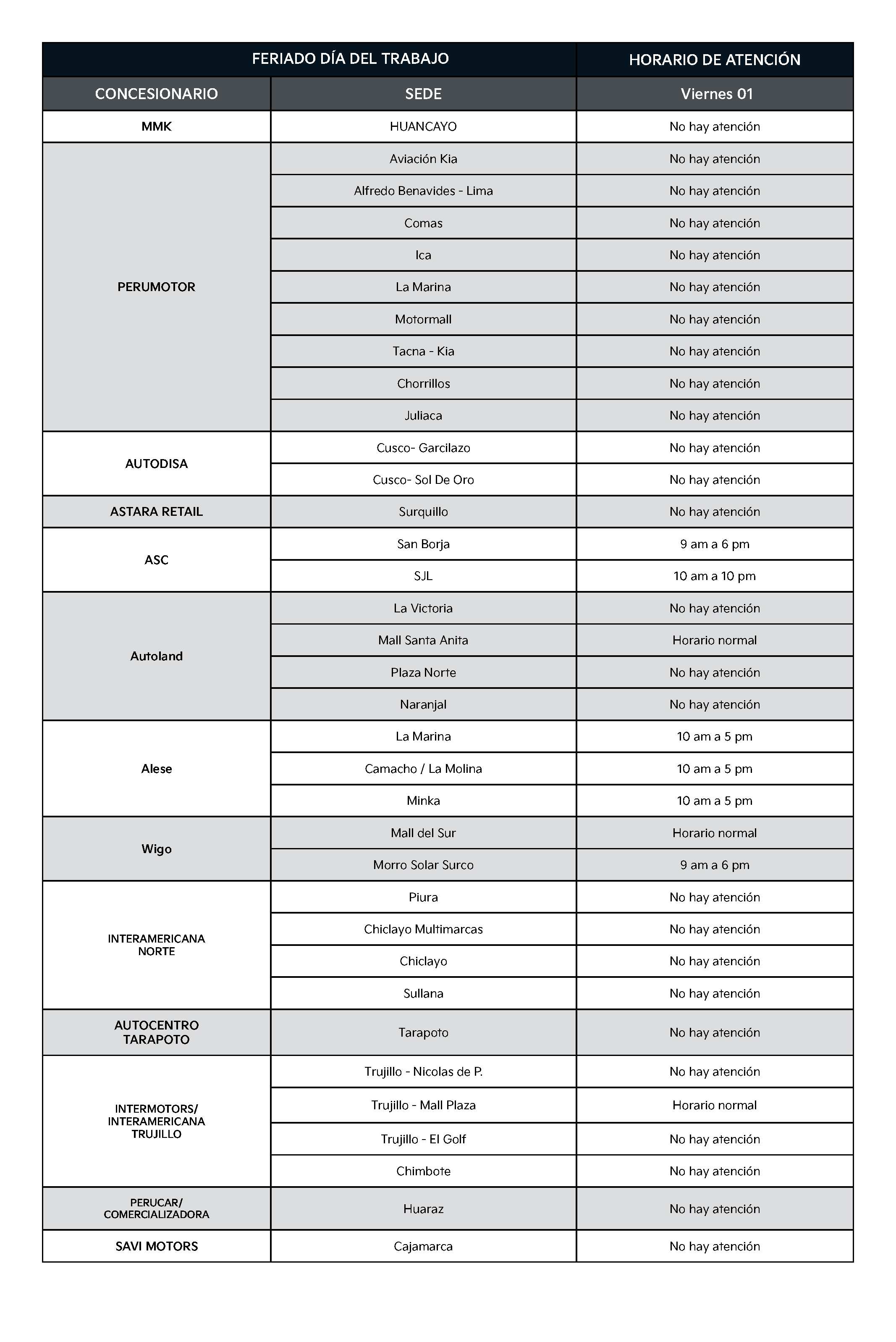 Horario feriado