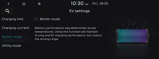 Pantalla de infoentretenimiento mostrando el menú del Modo Invierno