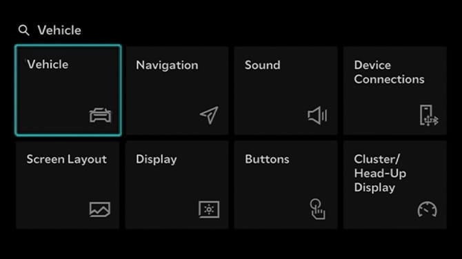 Setup menu with Vehicle selected