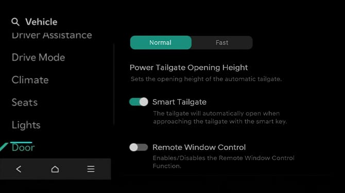 Door settings with Smart Tailgate enabled