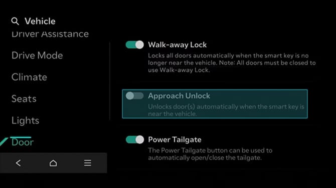 Door settings with Approach Unlock enabled
