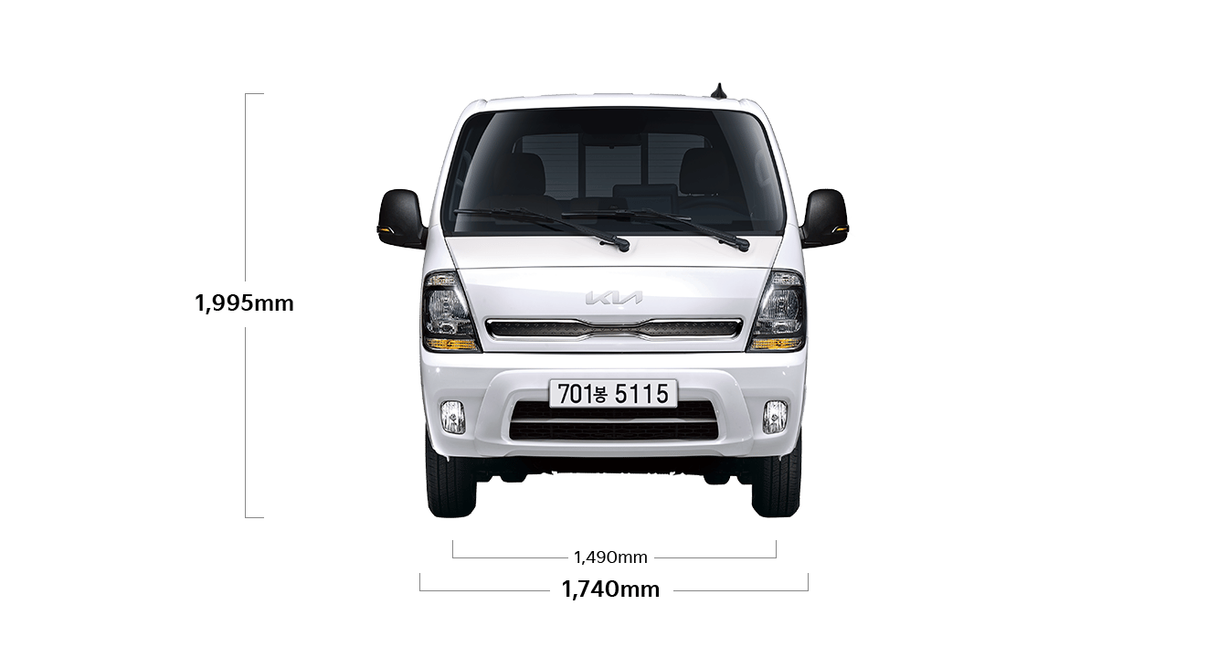 봉고 III 트럭 제원 정면 : 전폭 1,740mm, 전고 1,995mm, 윤거 전 1,490mm