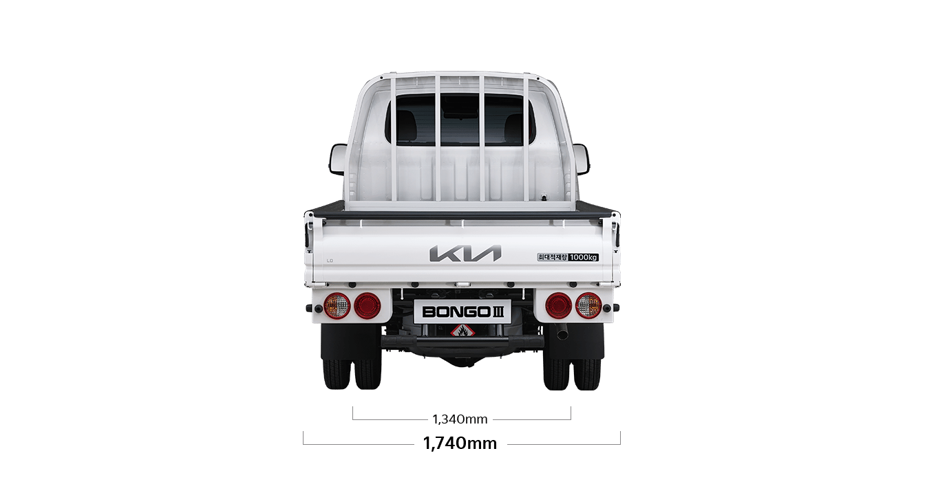 봉고 III 트럭 제원 후면 : 전폭 1,740mm, 윤거 후 1,340mm