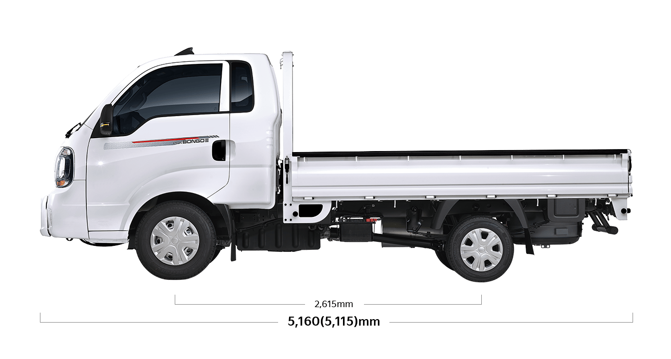 봉고 III 트럭 제원 측면 : 전장 5,160(5,115)mm, 축거 2,615mm