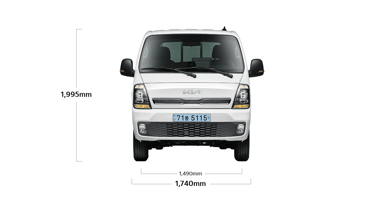 봉고 III EV 제원 정면 : 전폭 1,740mm, 전고 1,995mm, 윤거 전 1,490mm