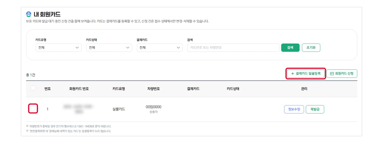 무공해차 통합누리집의 내 회원카드 페이지 표에 있는 데이터 첫 행 앞 부분 체크박스에 네모 표시가 있으며, 표 우측 위 '결제카드 일괄등록' 버튼에 빨간색 네모 표시
