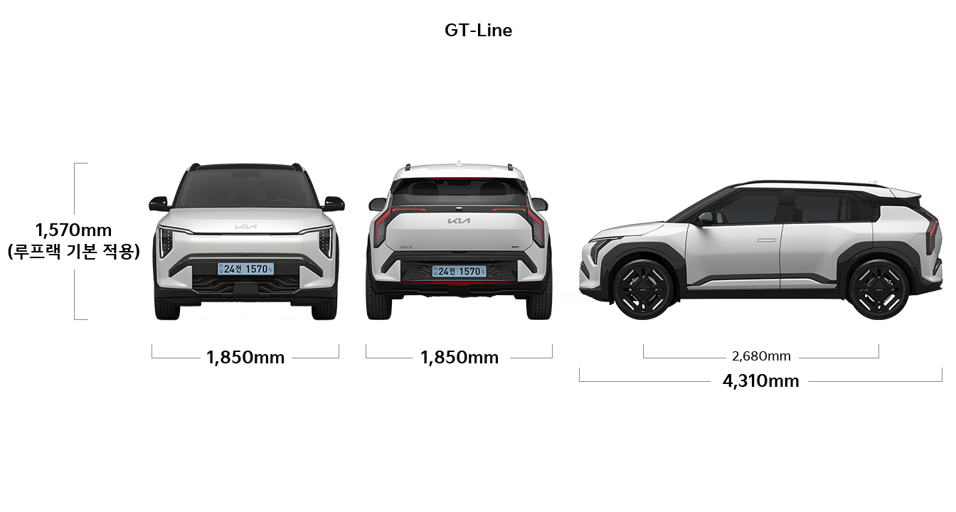 EV3 GT-line 제원 정면,후면,측면 : 전폭 1,850mm, 전고 1,570mm (루프랙 기본 적용), 윤거 전 1,610mm, 전폭 1,850mm, 전장 4,310mm, 축거 2,680mm