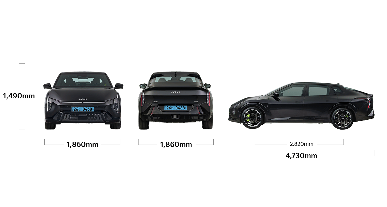 EV4 GT 제원 정면,후면,측면 : 전폭 1,860mm, 전고 1,490mm,  전장 4,730mm, 축거 2,820mm
