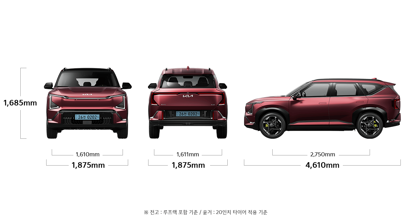 EV5 GT 기본 모델 제원 정면,후면,측면 : 전폭 1,875mm, 전고 1,685mm, 윤거 전 1,610mm, 윤거 후 1,611mm, 전장 4,610mm, 축거 2,750mm