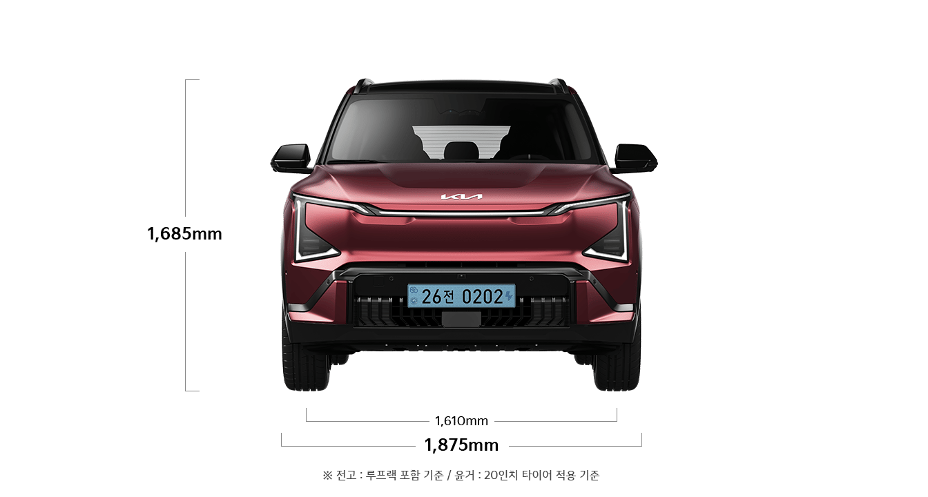 EV5 GT 기본 모델 제원 정면 : 전폭 1,875mm, 전고 1,685mm, 윤거 전 1,610mm