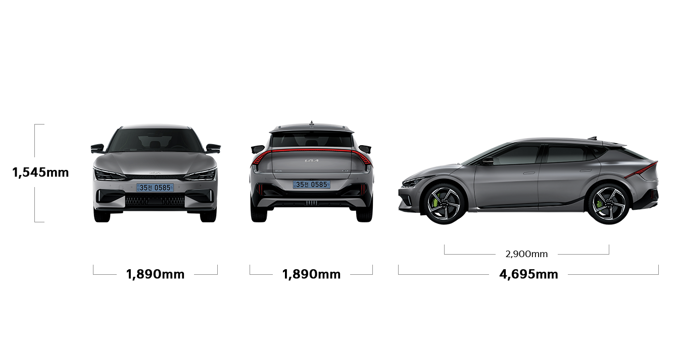 EV6 GT 외장 삼면도 이미지 - 전폭 : 1,890mm, 전고 : 1,545mm, 전장 : 4,695mm, 측거 : 2,900mm
