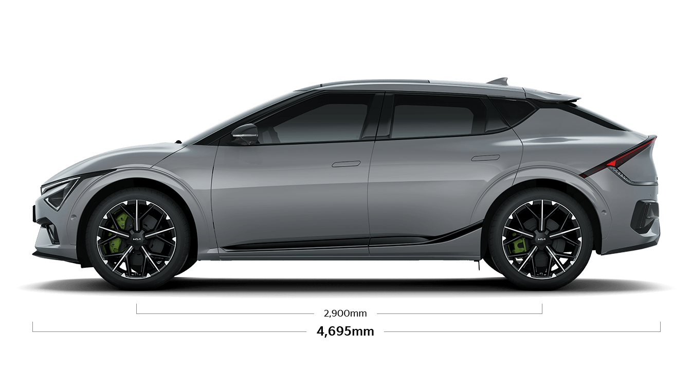 EV6 GT 제원 측면 : 전장 4,695mm, 축거 2,900mm