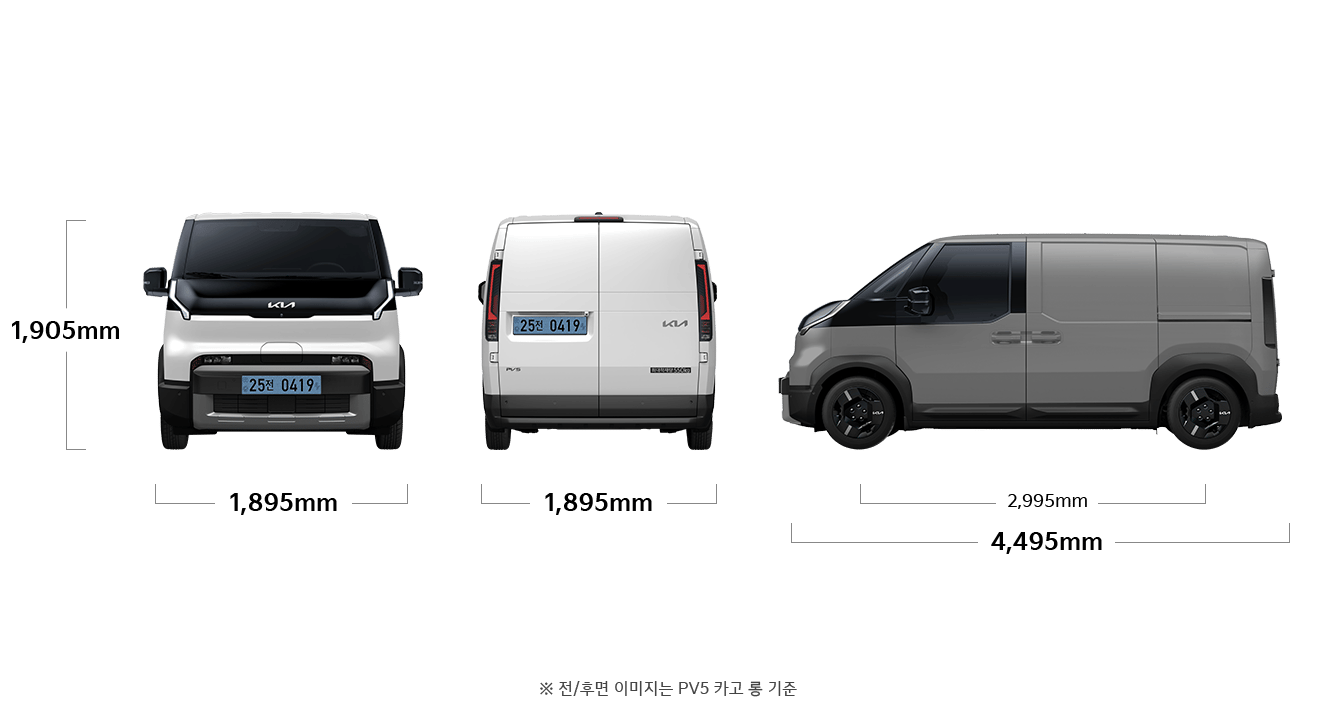 PV5 카고 컴팩트 제원 정면/후면/측면 : 전폭 1,895mm, 전고 1,905mm, 휠베이스 2,995mm, 전장 4,495mm