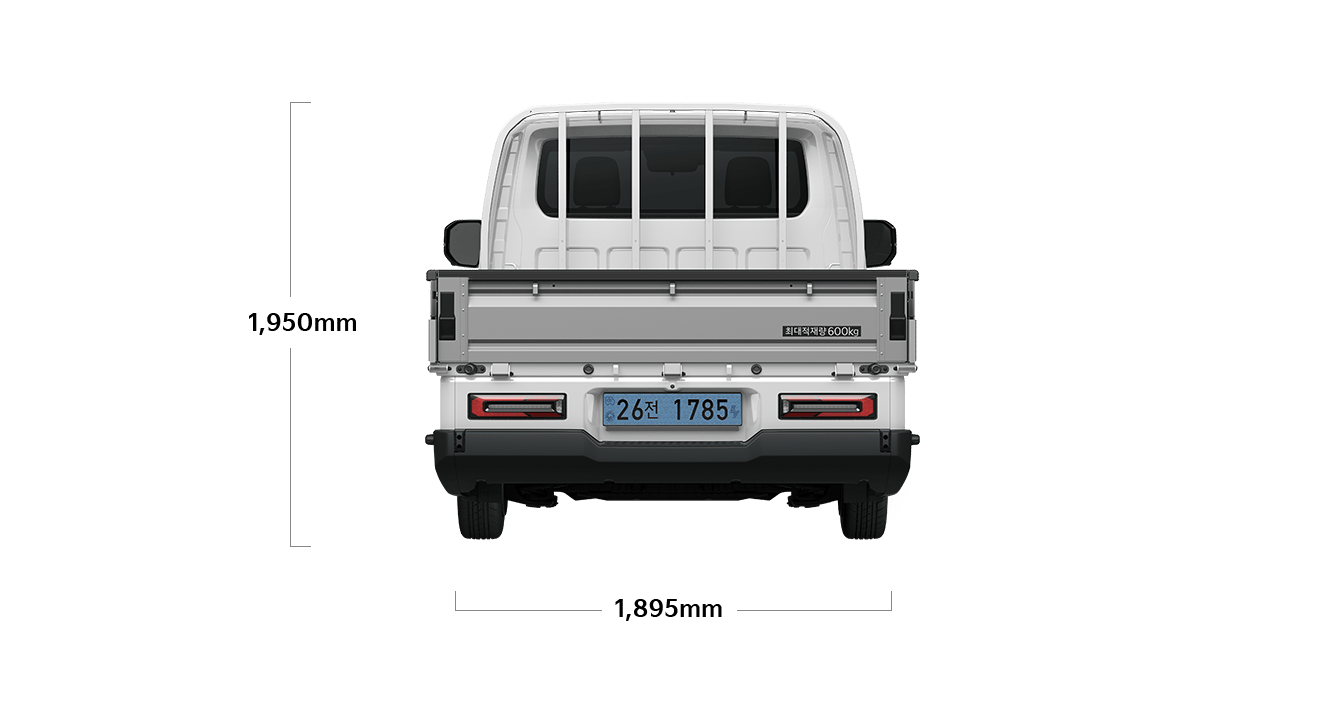 PV5 오픈베드 제원 후면 : 전폭 1,895mm, 전고 1,905mm