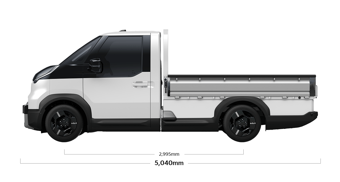 PV5 오픈베드 제원 측면 : 휠베이스 2,995mm, 전장 5,040mm