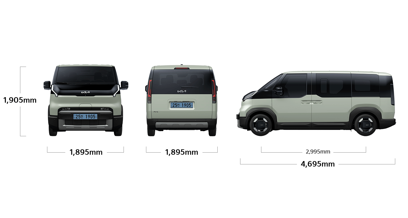 PV5 패신저 제원 정면/후면/측면 : 전폭 1,895mm, 전고 1,905mm, 휠베이스 2,995mm, 전장 4,695mm