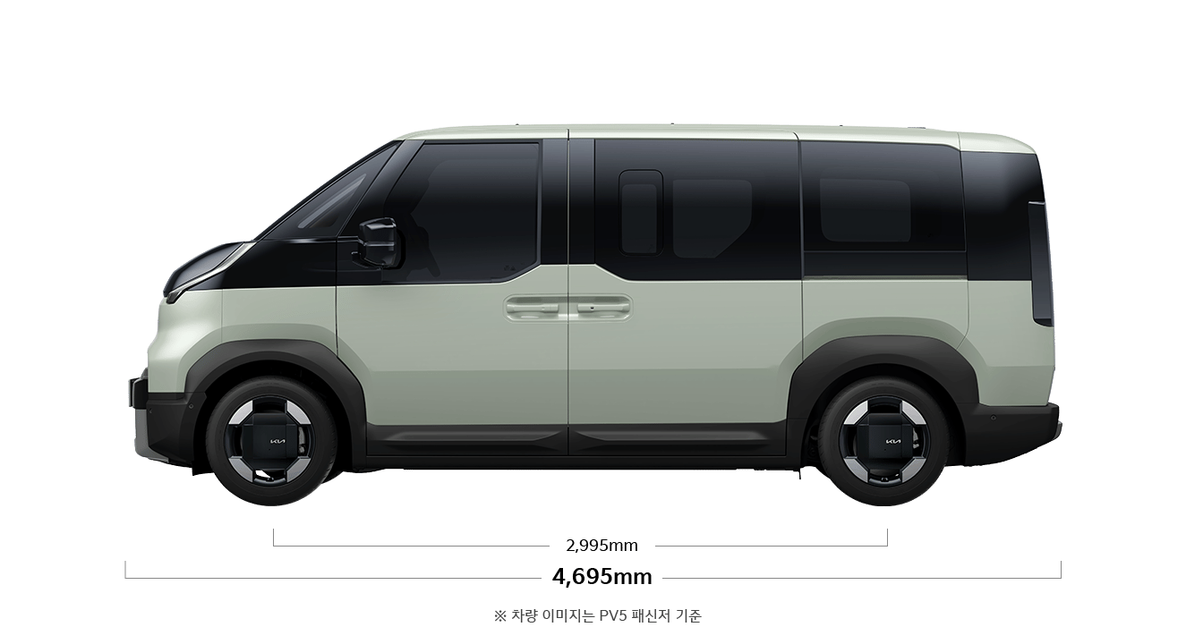 PV5 택시 제원 측면 : 휠베이스 2,995mm, 전장 4,695mm
